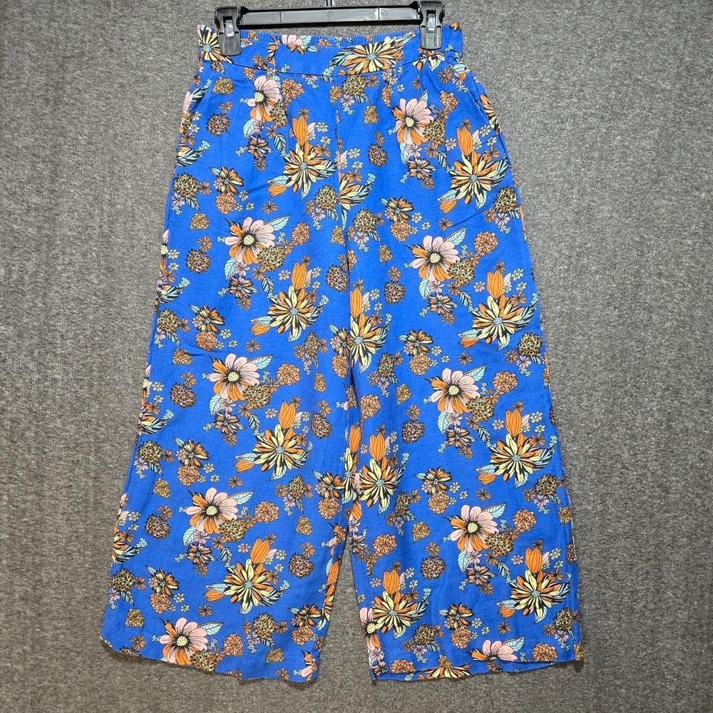 ModCloth Pants Womens Size Small Blue Floral Linen Blend Wide Leg Cropped Belted